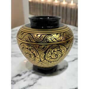 Vintage Vase Black Gold 5 Inches Painted Pottery Pot
